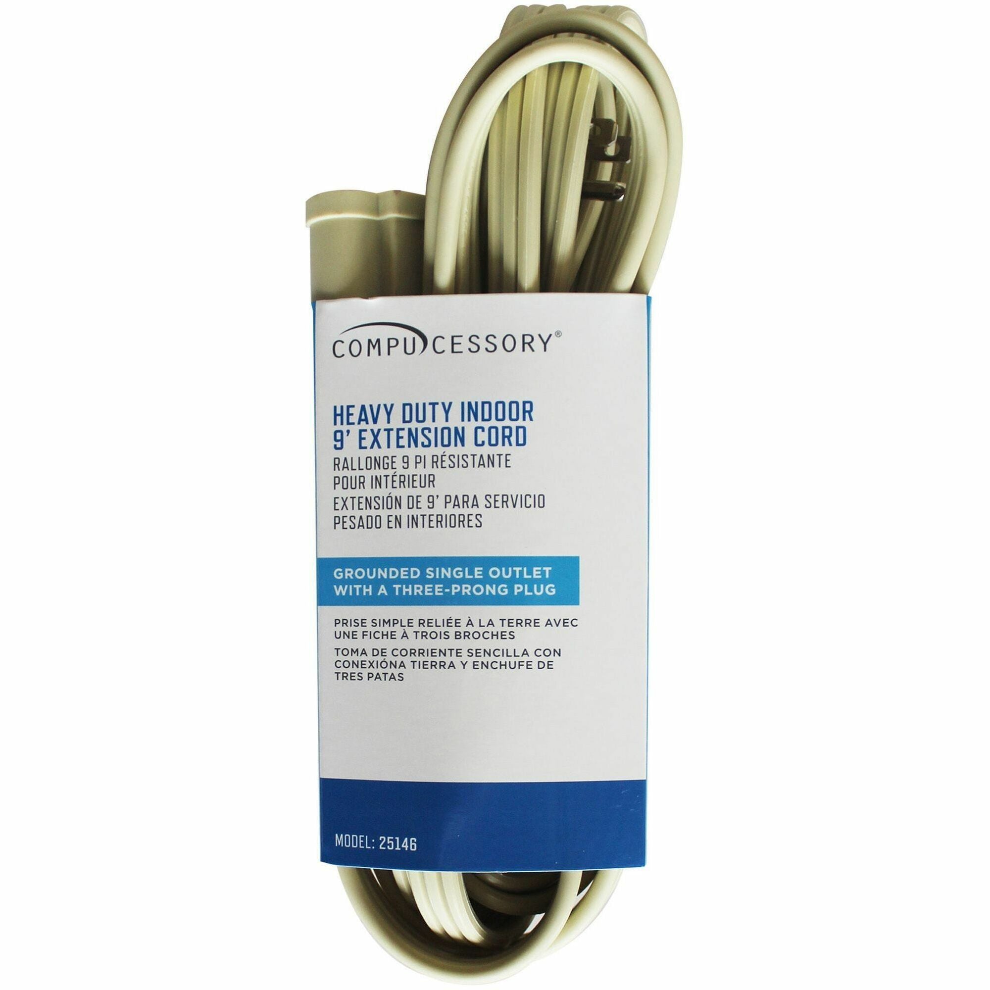 Compucessory Heavy Duty Indoor Extension Cord, 14 Gauge, 125V, 15A, Beige, 9 ft, 1 Each