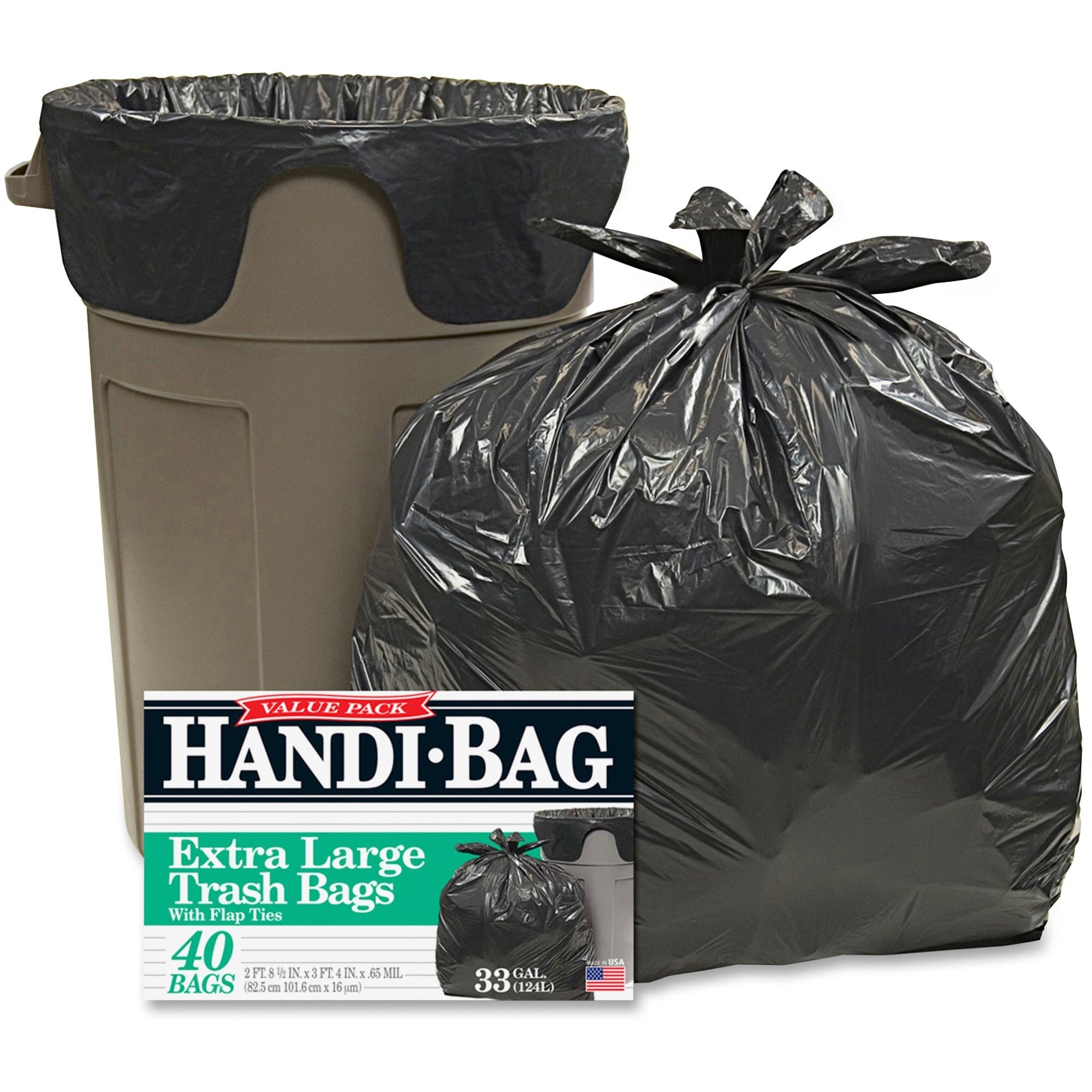 Berry Handi-Bag Wastebasket Bags, Medium, 33 Gallon, 40" x 32" x 0.70 mil, Black, Hexene Resin, 1 Box