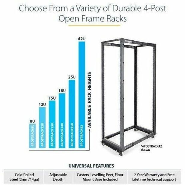 StarTech.com 12U 19" x 40" Floor Standing Open Frame Rack Cabinet, Black, Steel, 1 Each