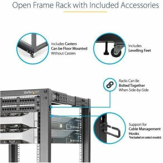 StarTech.com 12U 19" x 40" Floor Standing Open Frame Rack Cabinet, Black, Steel, 1 Each