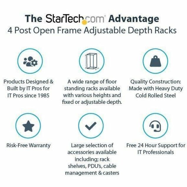 StarTech.com 12U 19" x 40" Floor Standing Open Frame Rack Cabinet, Black, Steel, 1 Each