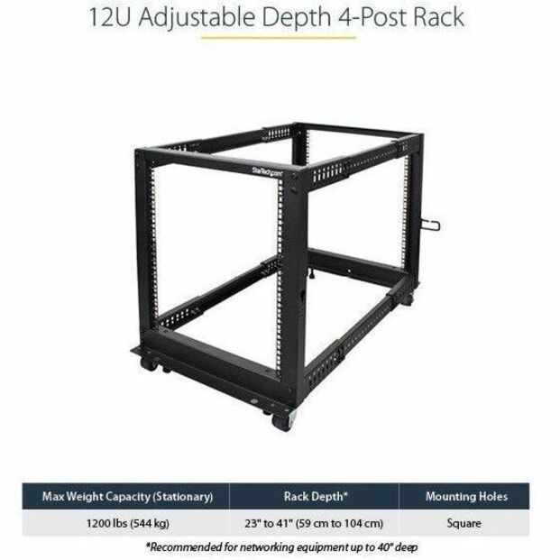 StarTech.com 12U 19" x 40" Floor Standing Open Frame Rack Cabinet, Black, Steel, 1 Each