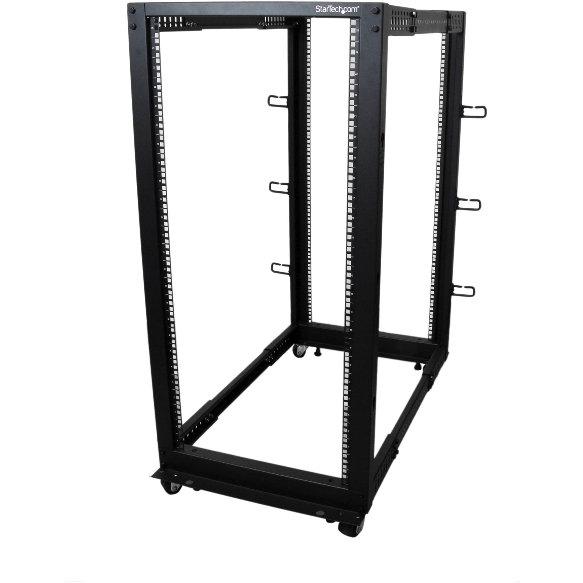 StarTech.com 25U Open Frame Rack Cabinet, 19" Wide x 40" Deep, Floor Standing, Black Steel, 1199.98 lb Capacity, Includes Casters, Leveling Feet, Cable Management, 1 Each