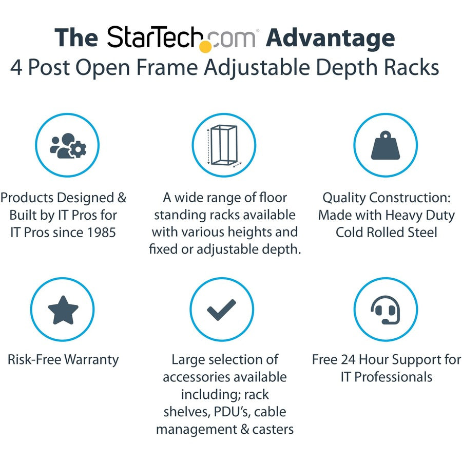StarTech.com 25U Open Frame Rack Cabinet, 19" Wide x 40" Deep, Floor Standing, Black Steel, 1199.98 lb Capacity, Includes Casters, Leveling Feet, Cable Management, 1 Each
