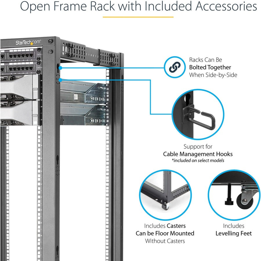 StarTech.com 25U Open Frame Rack Cabinet, 19" Wide x 40" Deep, Floor Standing, Black Steel, 1199.98 lb Capacity, Includes Casters, Leveling Feet, Cable Management, 1 Each