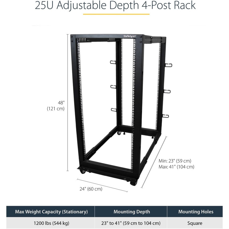 StarTech.com 25U Open Frame Rack Cabinet, 19" Wide x 40" Deep, Floor Standing, Black Steel, 1199.98 lb Capacity, Includes Casters, Leveling Feet, Cable Management, 1 Each