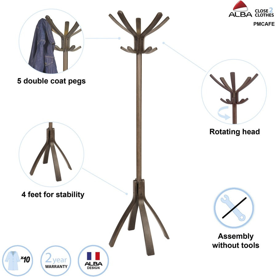 Alba High-capacity Wood Coat Stand, 5 Hooks, 71.7" Height, Wood, 1 Each