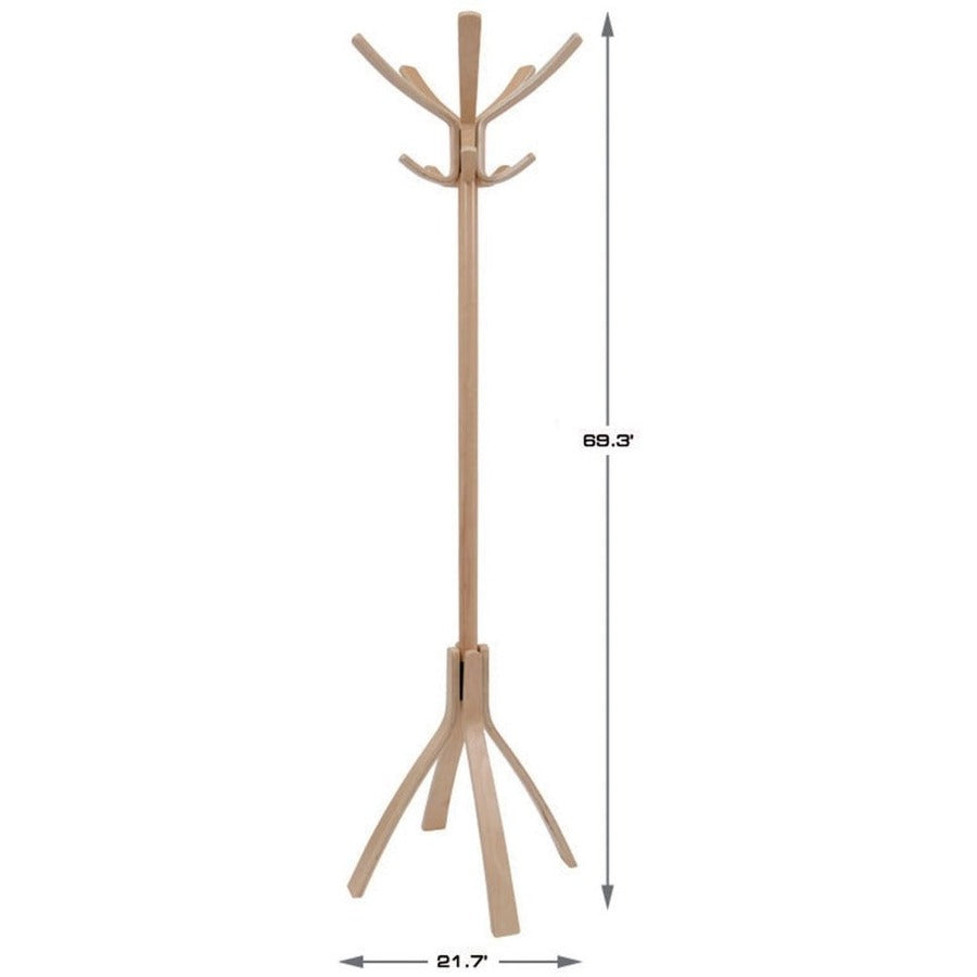 Alba High-capacity Wood Coat Stand, 10 Pegs, 48" Height, Light Brown, 1 Each