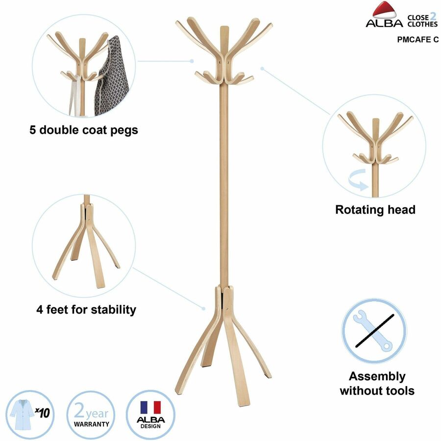 Alba High-capacity Wood Coat Stand, 10 Pegs, 48" Height, Light Brown, 1 Each