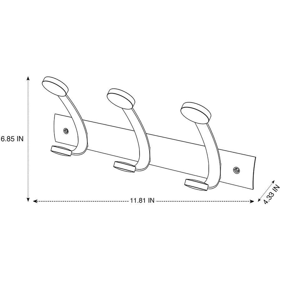 3 Hooks - 3 Pegs - 6.9" Height x 17.7" Width - for Coat, Clothes - Metal - Powder Coated - 1 Each