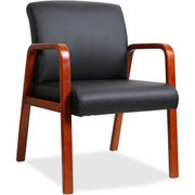Lorell Upholstered Guest Chair, Black Bonded Leather, Cherry Solid Wood Frame, Four-Legged Base, Armrests, 1 Each