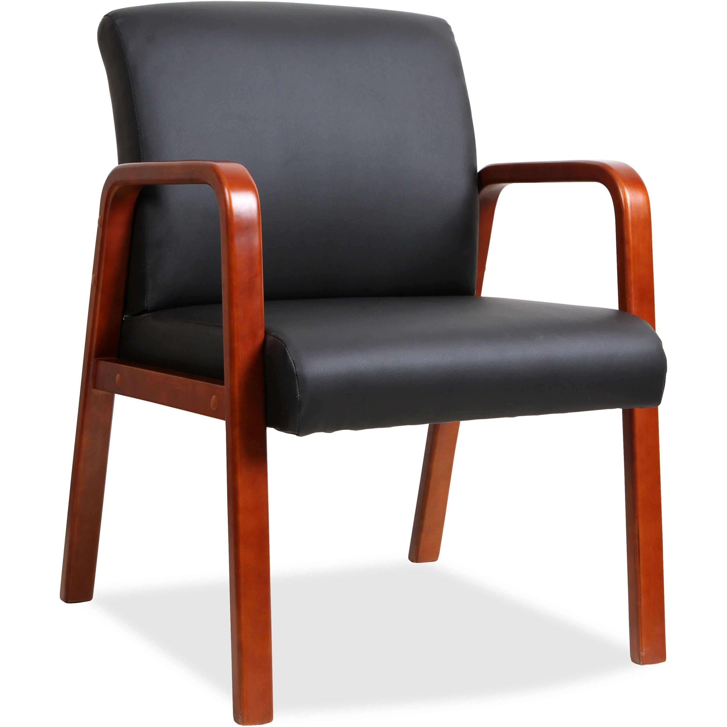 Lorell Upholstered Guest Chair, Black Bonded Leather, Cherry Solid Wood Frame, Four-Legged Base, Armrests, 1 Each
