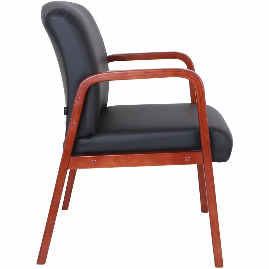 Lorell Upholstered Guest Chair, Black Bonded Leather, Cherry Solid Wood Frame, Four-Legged Base, Armrests, 1 Each