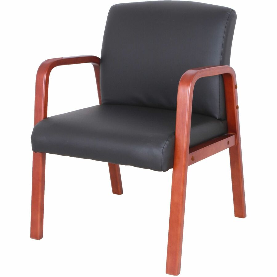 Lorell Upholstered Guest Chair, Black Bonded Leather, Cherry Solid Wood Frame, Four-Legged Base, Armrests, 1 Each