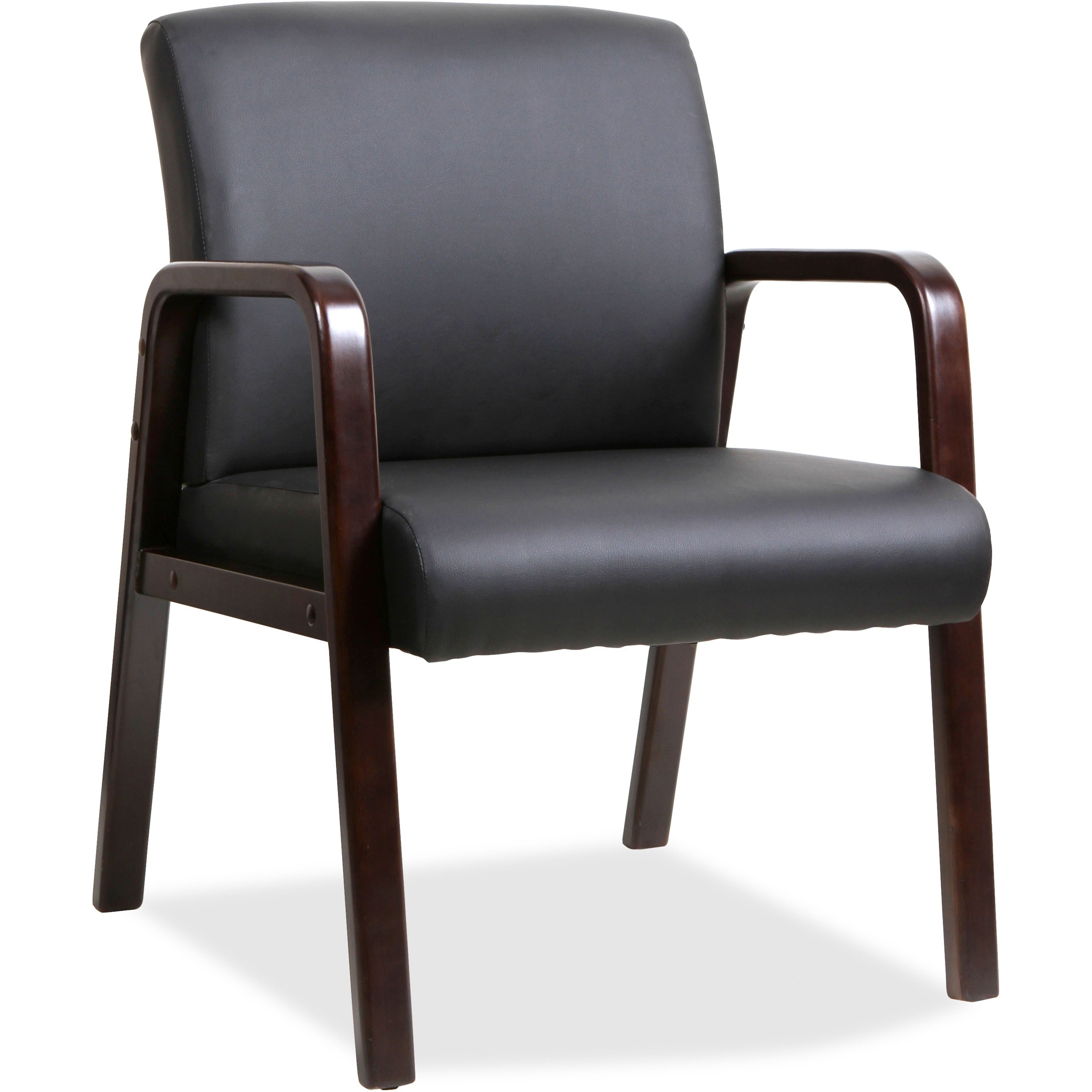 Lorell Upholstered Guest Chair, Black Bonded Leather, Solid Wood Espresso Frame, Four-Legged Base, Armrests, 1 Each