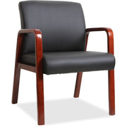 Lorell Upholstered Guest Chair, Black Bonded Leather, Mahogany Solid Wood Frame, Four-Legged Base, Armrest, 1 Each