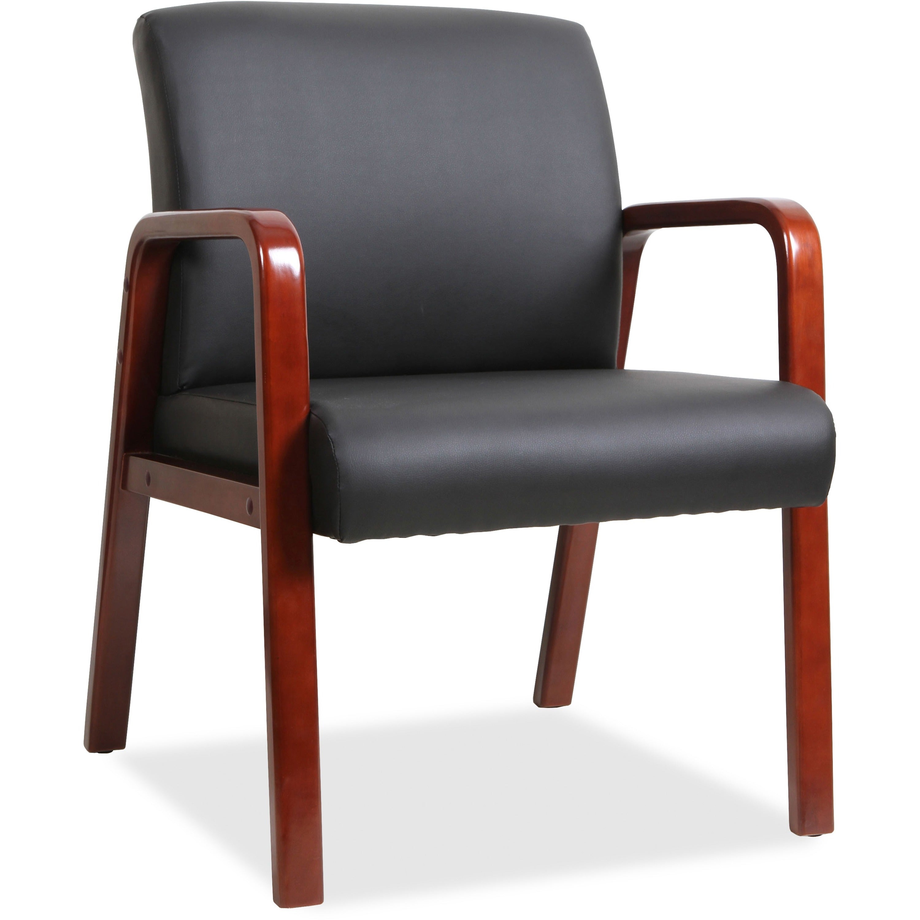 Lorell Upholstered Guest Chair, Black Bonded Leather, Mahogany Solid Wood Frame, Four-Legged Base, Armrest, 1 Each