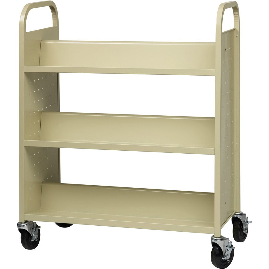 Lorell Double-sided Book Cart, 6 Shelves, 200 lb Capacity, 5" Locking Casters, Steel, 36"W x 19"D x 46"H, Putty, 1 Each