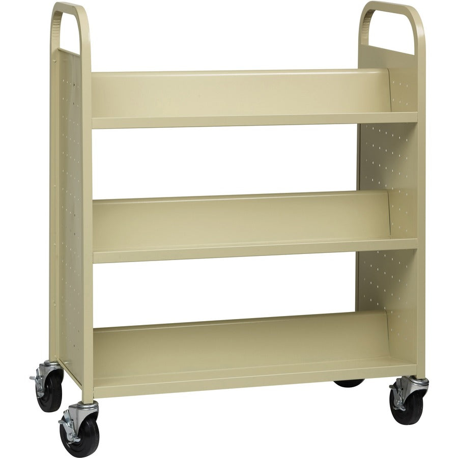 Lorell Double-sided Book Cart, 6 Shelves, 200 lb Capacity, 5" Locking Casters, Steel, 36"W x 19"D x 46"H, Putty, 1 Each