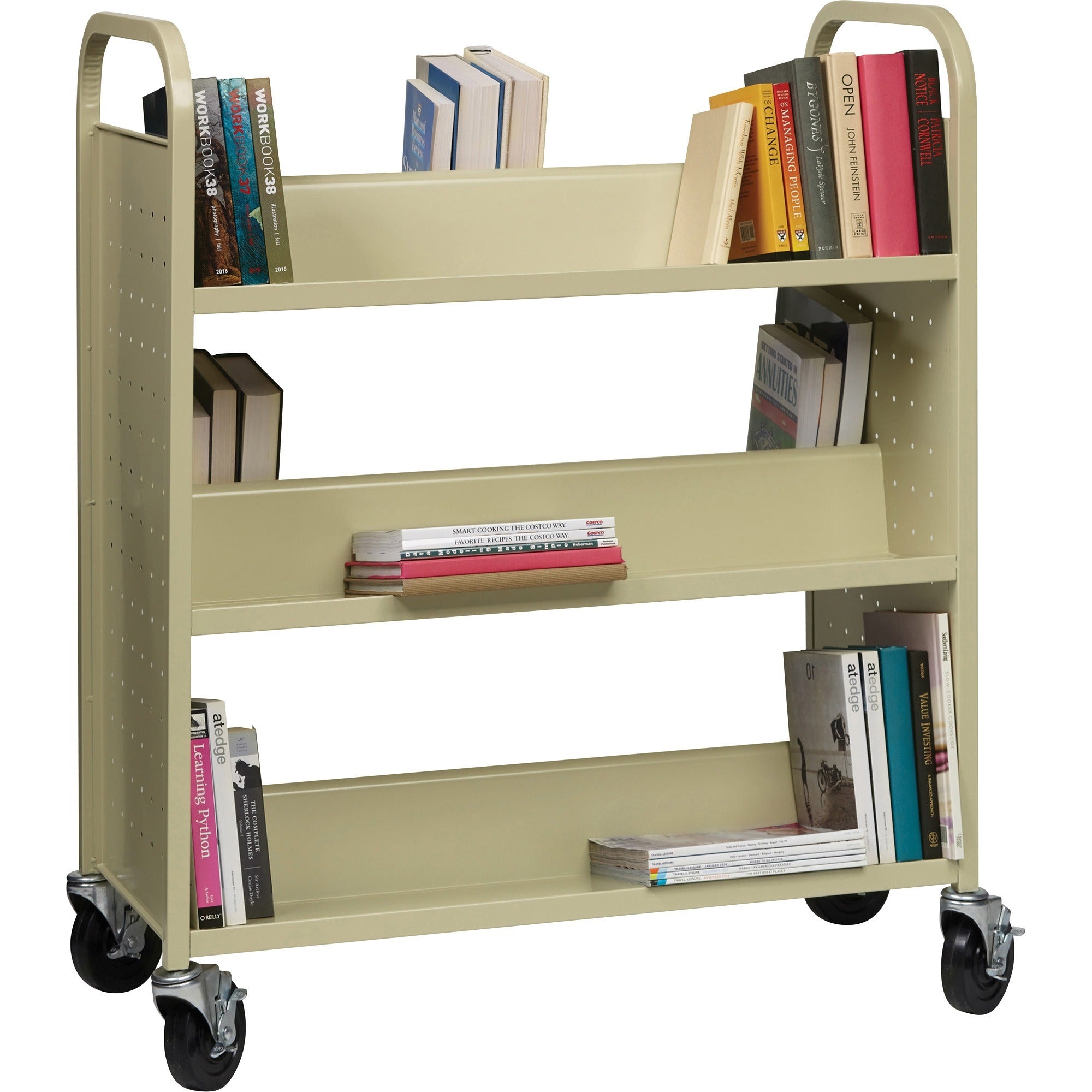 Lorell Double-sided Book Cart, 6 Shelves, 200 lb Capacity, 5" Locking Casters, Steel, 36"W x 19"D x 46"H, Putty, 1 Each