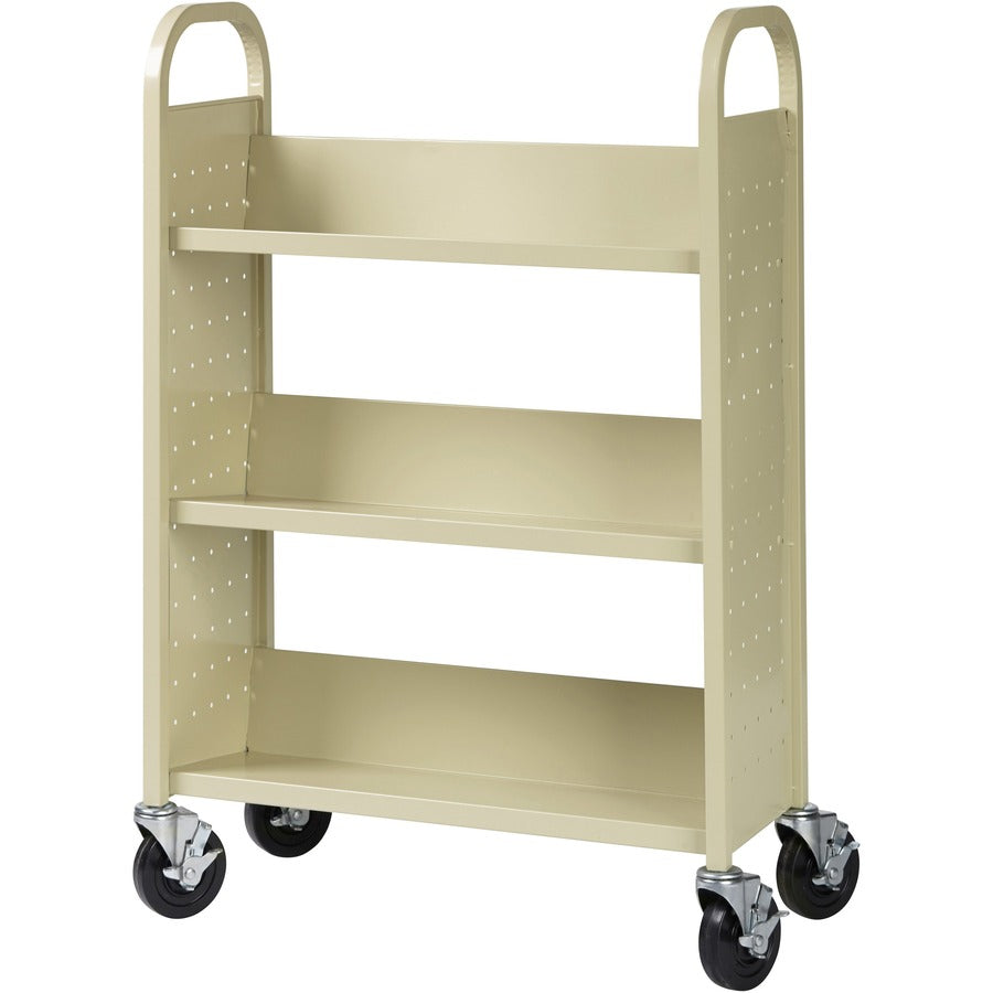 Lorell Single-sided Book Cart, 3 Shelves, 200 lb Capacity, 5" Casters, Steel, 39"W x 14"D x 46"H, Putty, 1 Each