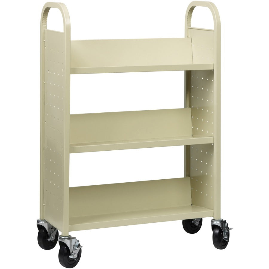 Lorell Single-sided Book Cart, 3 Shelves, 200 lb Capacity, 5" Casters, Steel, 39"W x 14"D x 46"H, Putty, 1 Each