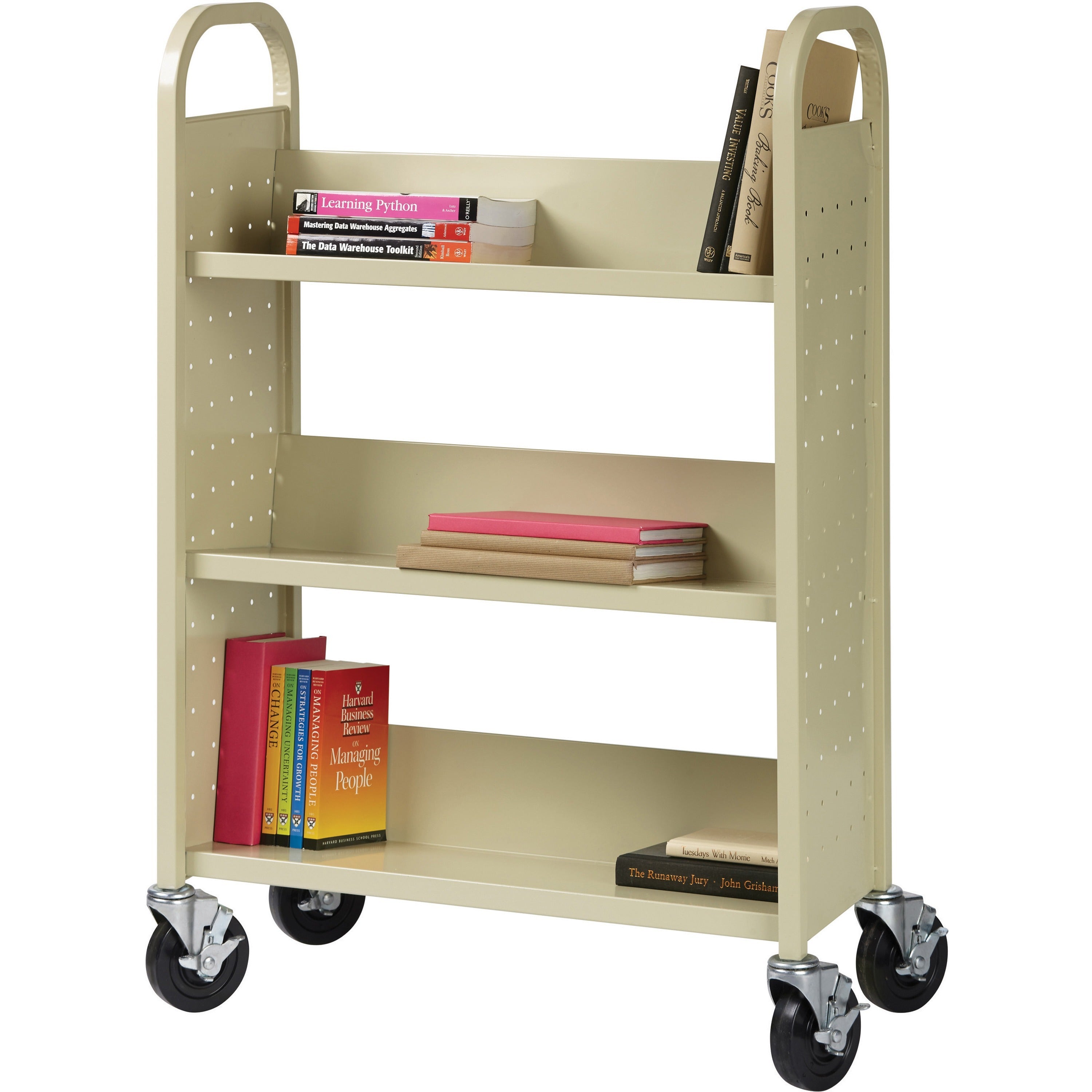 Lorell Single-sided Book Cart, 3 Shelves, 200 lb Capacity, 5" Casters, Steel, 39"W x 14"D x 46"H, Putty, 1 Each