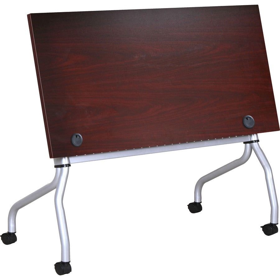 Lorell Flip Top Training Table, Rectangle, 23.6" x 48", Mahogany, Four-Leg Metal Base, Melamine Top, 1 Each