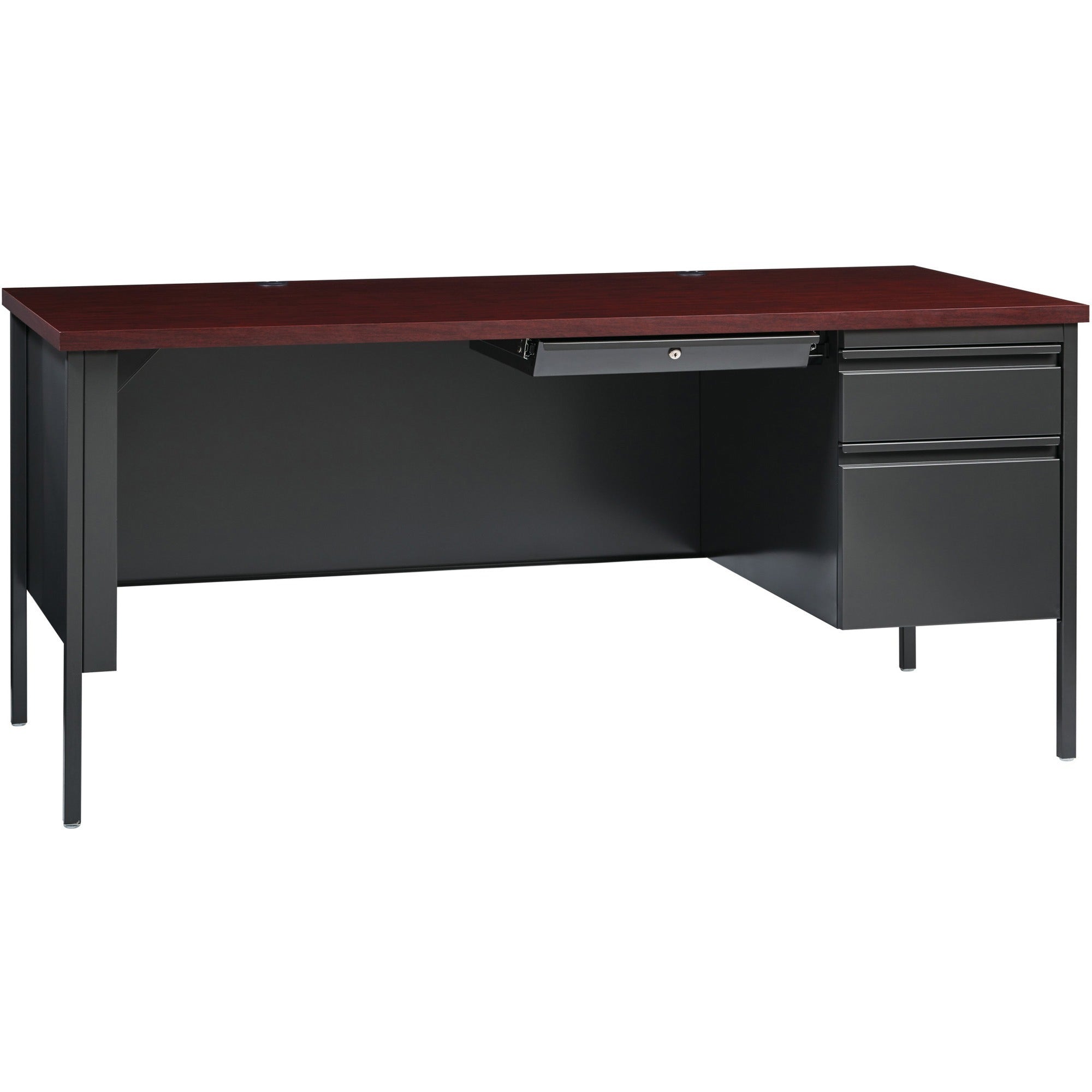 Lorell Fortress Series 66" Right-Pedestal Desk, Rectangle, Mahogany Laminate, Steel, 66"W x 30"D x 29.5"H, 1 Each