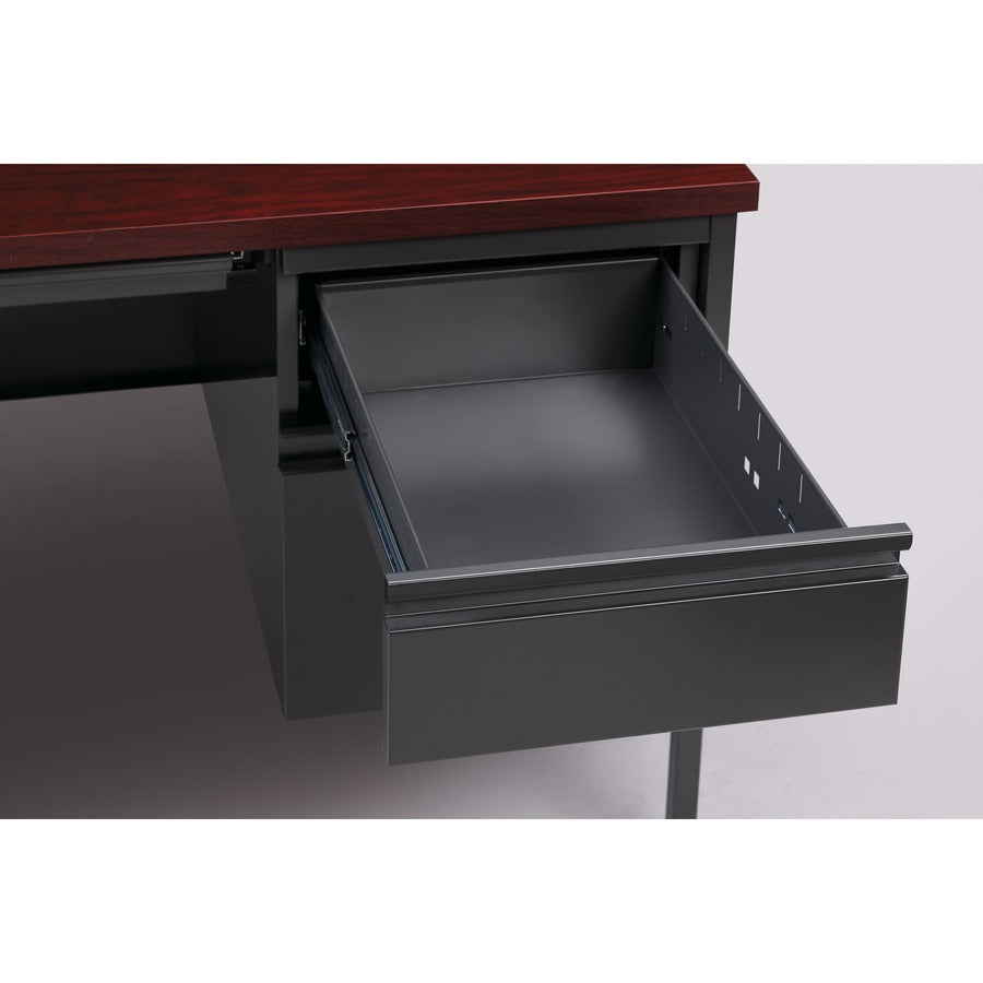 Lorell Fortress Series 66" Right-Pedestal Desk, Rectangle, Mahogany Laminate, Steel, 66"W x 30"D x 29.5"H, 1 Each