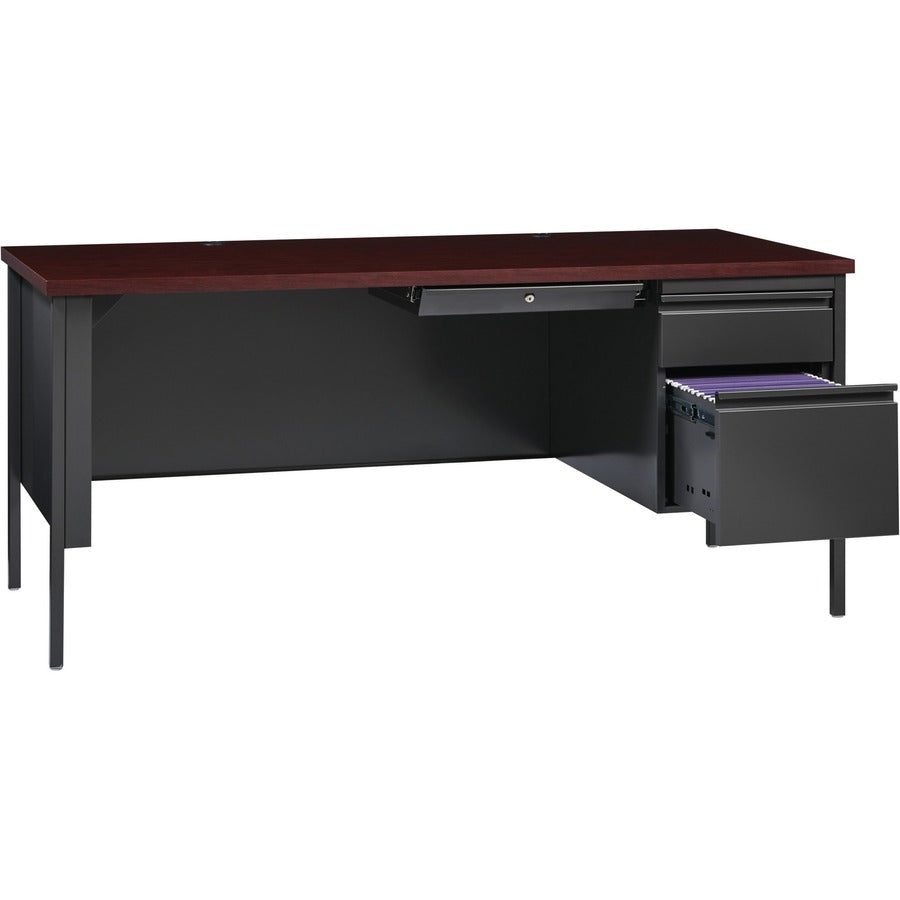 Lorell Fortress Series 66" Right-Pedestal Desk, Rectangle, Mahogany Laminate, Steel, 66"W x 30"D x 29.5"H, 1 Each