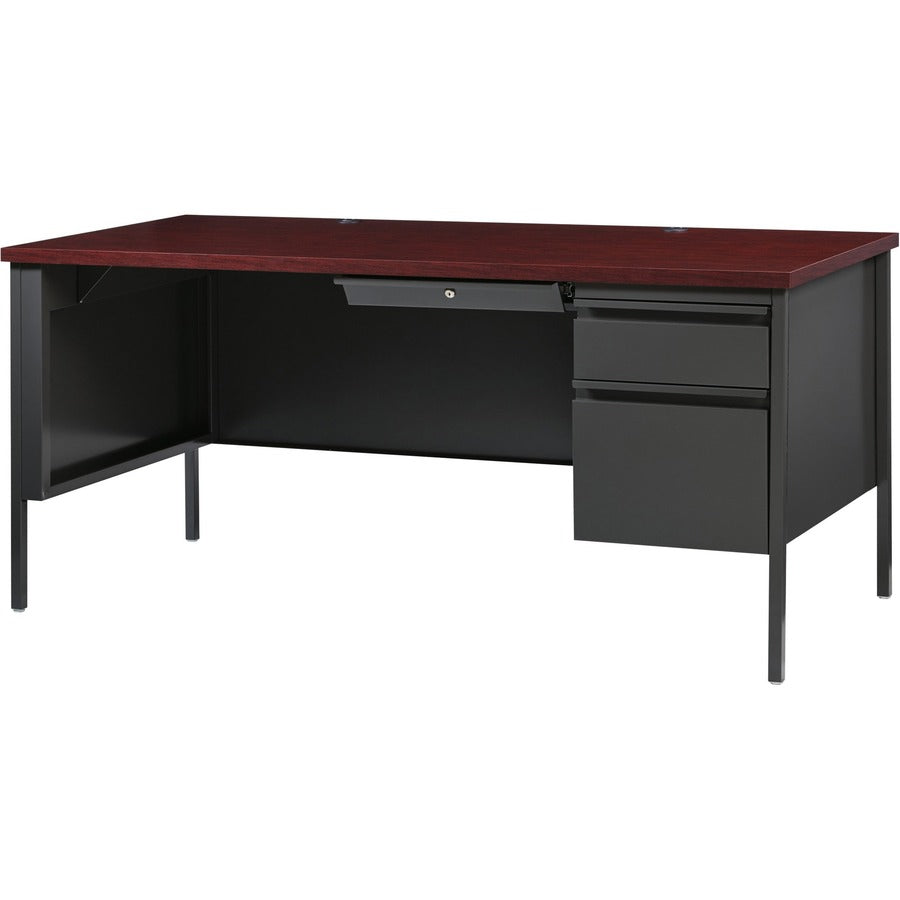 Lorell Fortress Series 66" Right-Pedestal Desk, Rectangle, Mahogany Laminate, Steel, 66"W x 30"D x 29.5"H, 1 Each