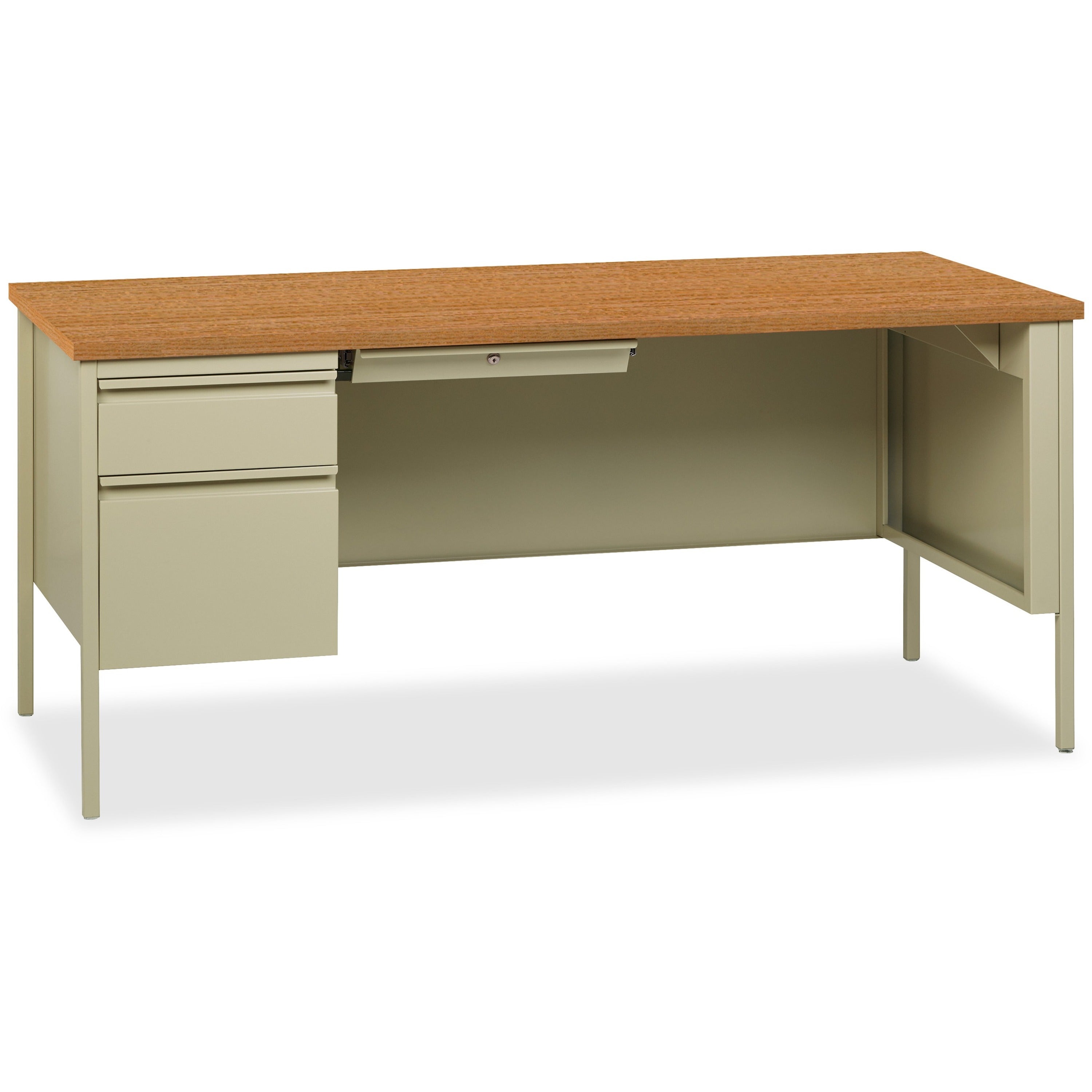 Lorell Fortress Series Left-Pedestal Desk, Rectangle Top, 66"W x 30"D x 29.5"H, Oak Laminate/Putty, Steel, 1 Each