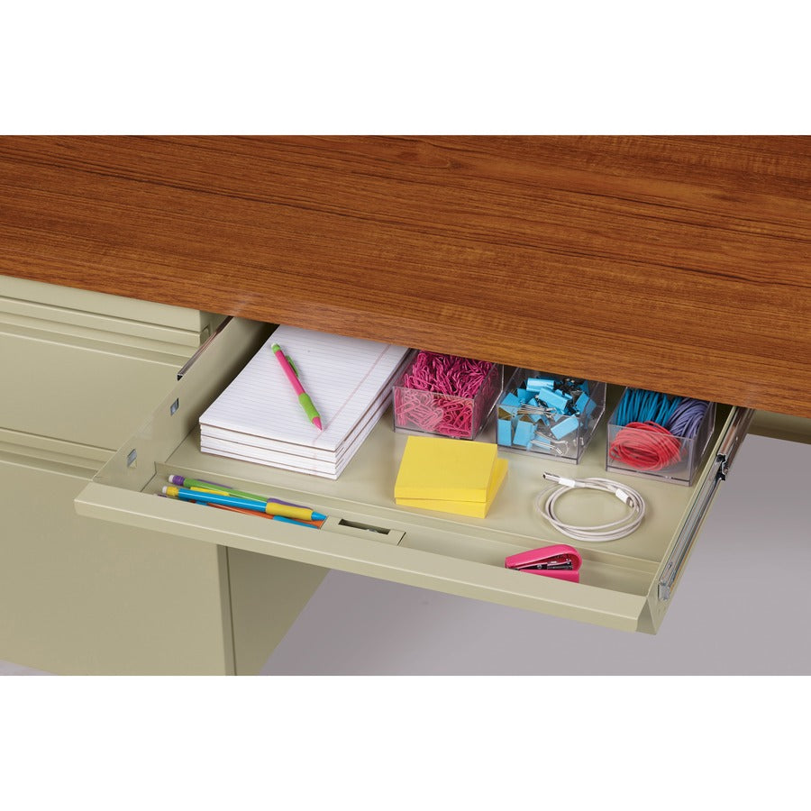 Lorell Fortress Series Left-Pedestal Desk, Rectangle Top, 66"W x 30"D x 29.5"H, Oak Laminate/Putty, Steel, 1 Each