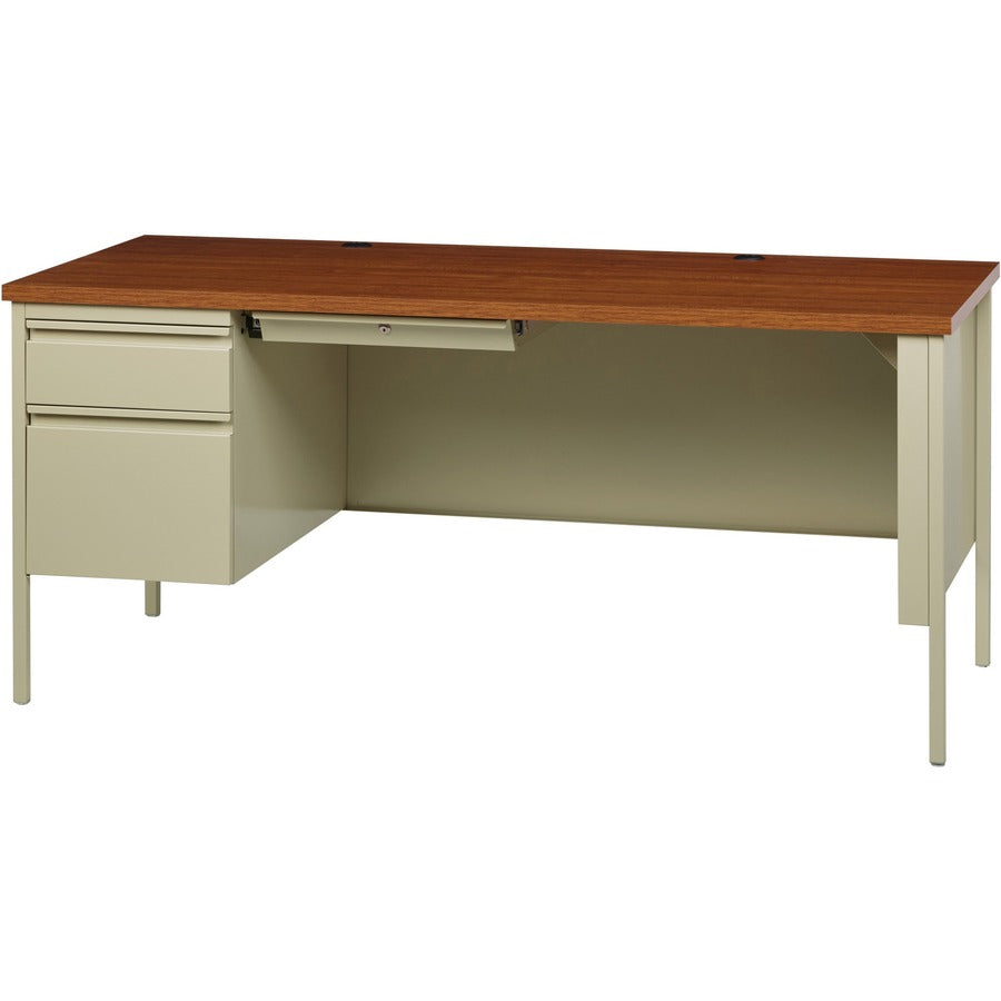 Lorell Fortress Series Left-Pedestal Desk, Rectangle Top, 66"W x 30"D x 29.5"H, Oak Laminate/Putty, Steel, 1 Each