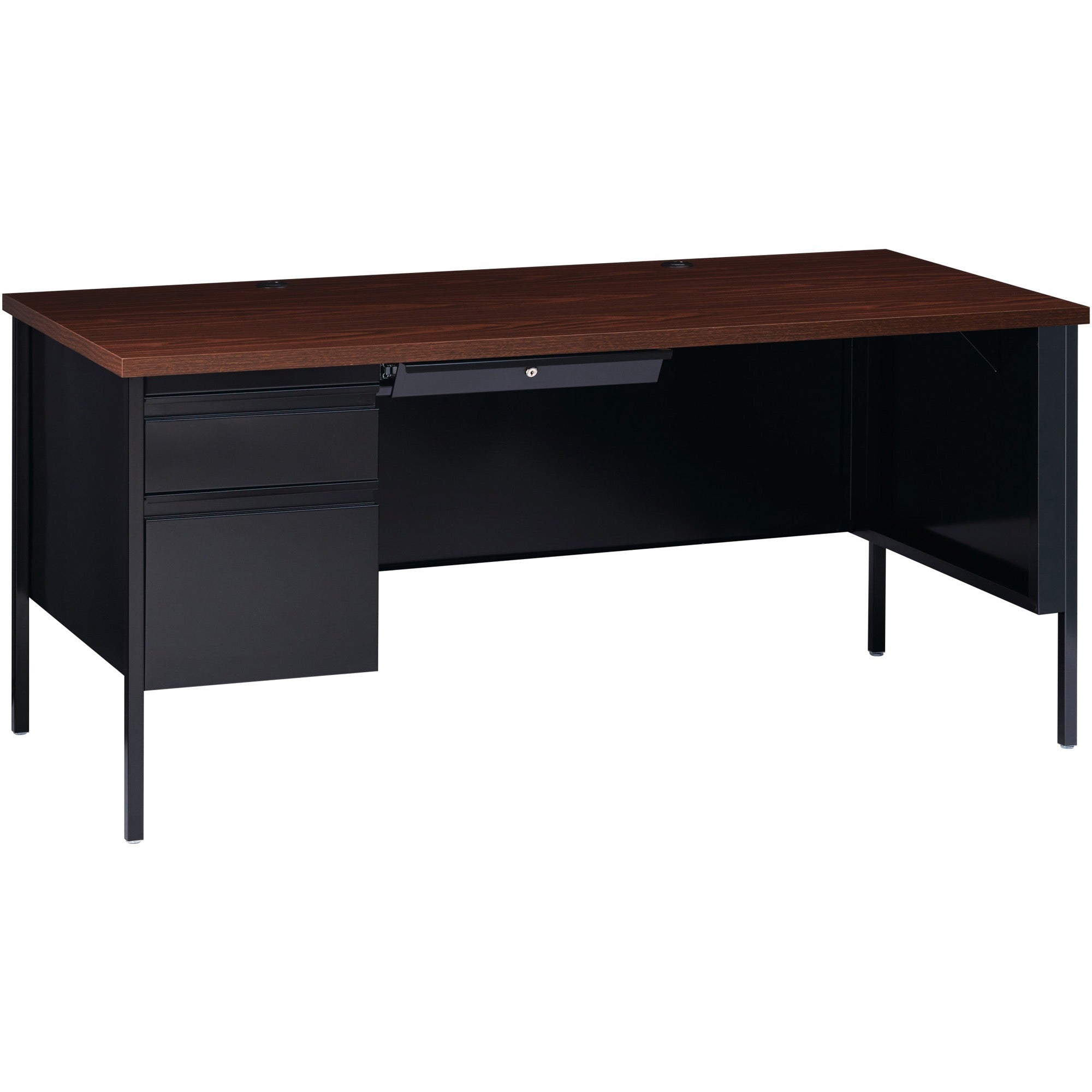 Lorell Fortress Series Left-Pedestal Desk, Rectangle Top, 66"W x 30"D x 29.5"H, Black Walnut, Steel, 1 Each