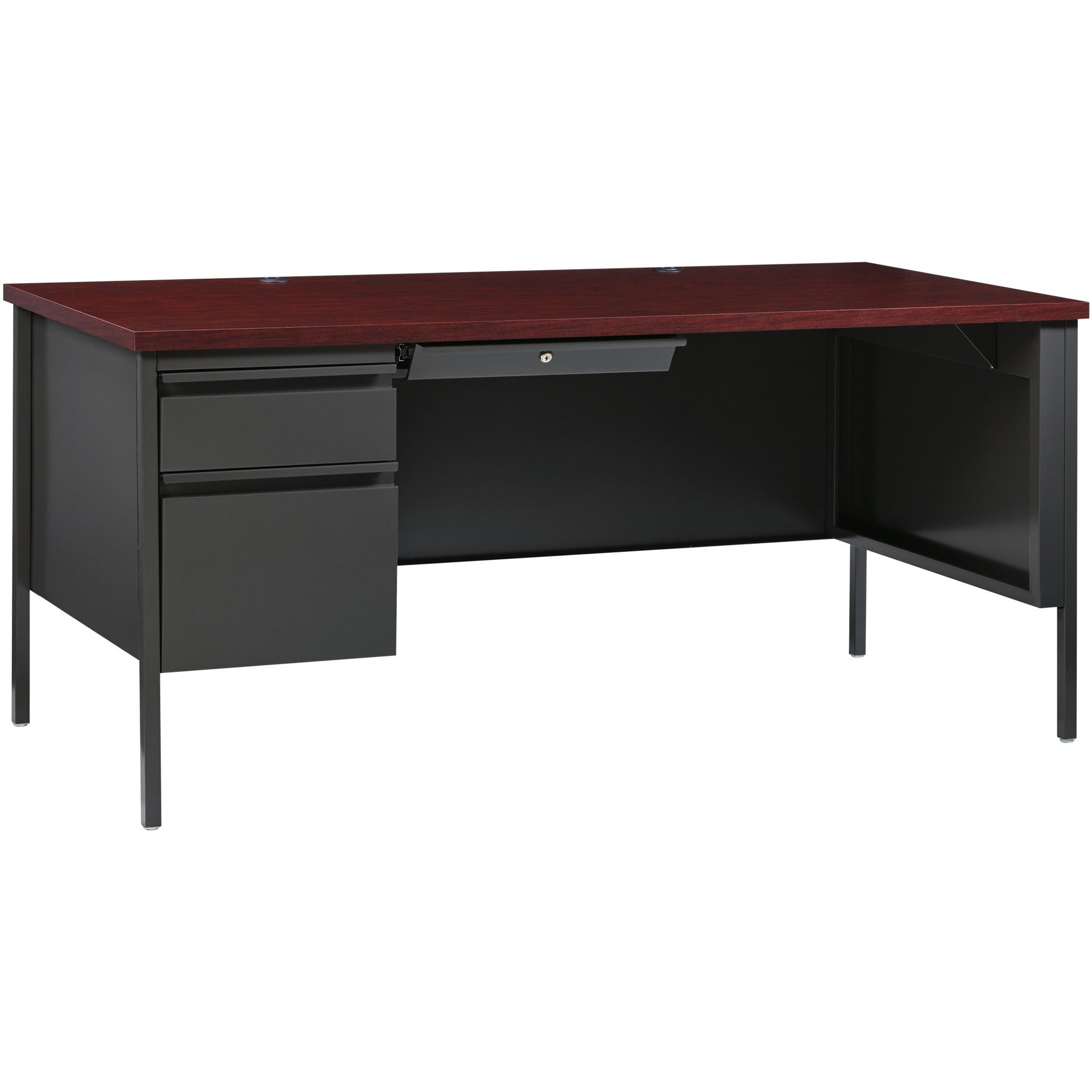 Lorell Fortress Series Left-Pedestal Desk, Rectangle, 66"W x 30"D x 29.5"H, Mahogany Laminate/Steel, 1 Each