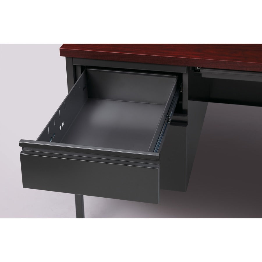 Lorell Fortress Series Left-Pedestal Desk, Rectangle, 66"W x 30"D x 29.5"H, Mahogany Laminate/Steel, 1 Each