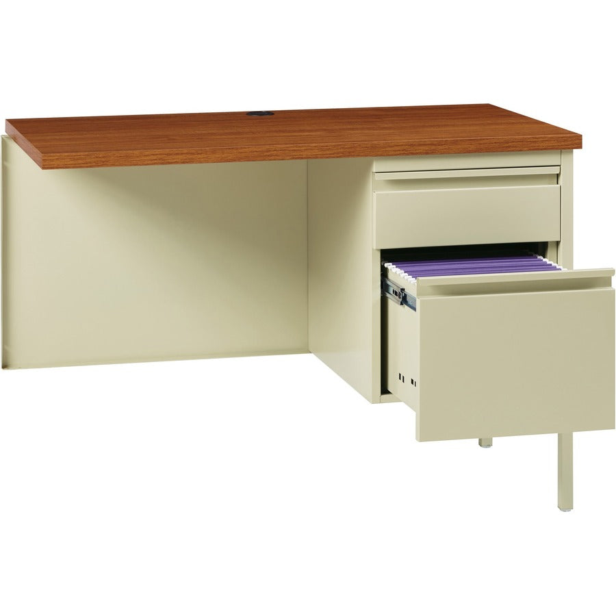 Lorell Fortress Series Right-Pedestal Return, Rectangle Top, 42"W x 24"D x 29.5"H, Oak/Oak Laminate/Putty, Steel, 1 Each