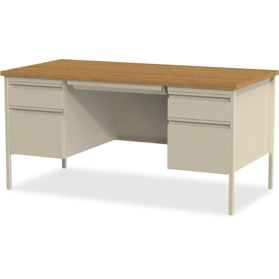 Lorell Fortress Series Double-Pedestal Desk, Rectangle Top, 60"W x 30"D x 29.5"H, Oak/Oak Laminate/Putty, Steel, 2 Pedestals, 1 Each
