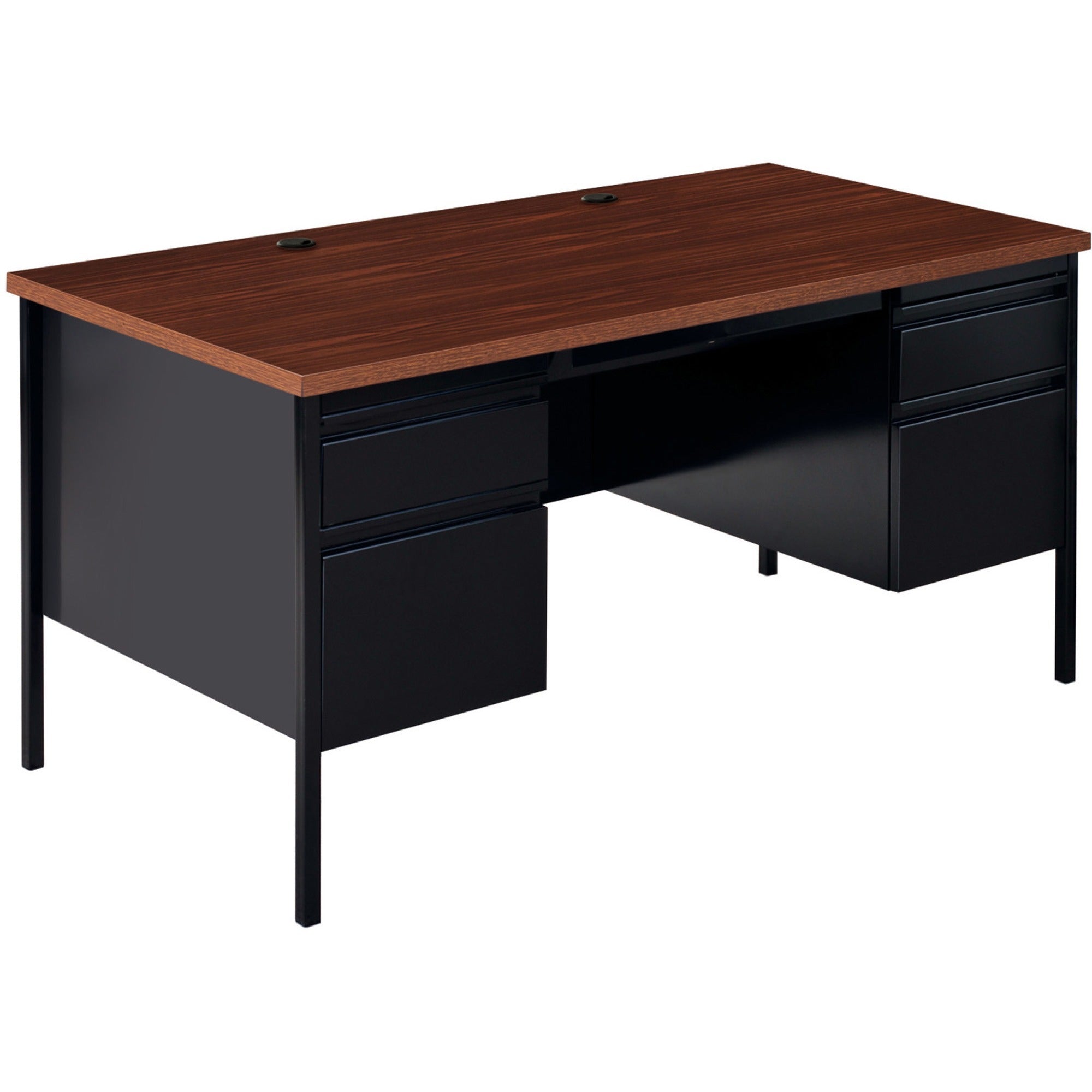 Lorell Fortress Series Double-Pedestal Desk, Rectangle, 60"W x 30"D x 29.5"H, Black Walnut, Steel, 1 Each