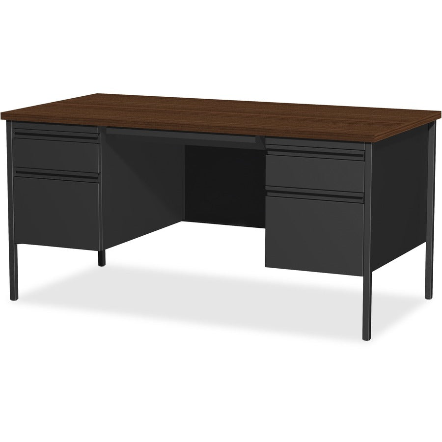 Lorell Fortress Series Double-Pedestal Desk, Rectangle, 60"W x 30"D x 29.5"H, Black Walnut, Steel, 1 Each