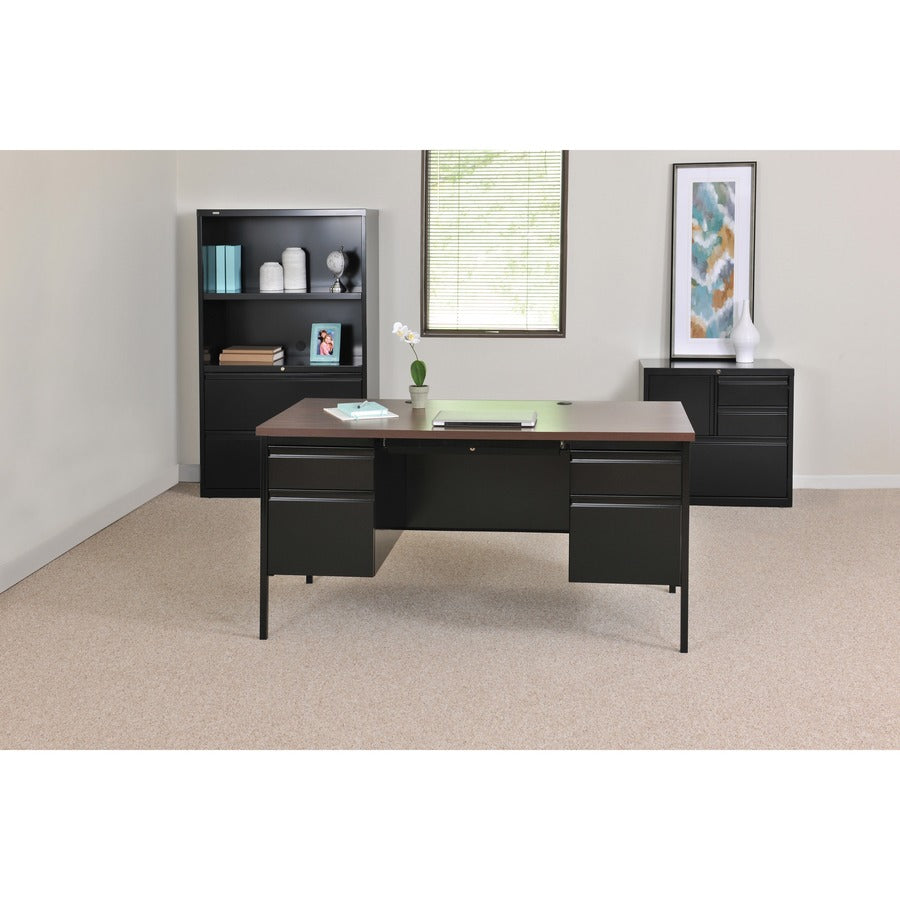 Lorell Fortress Series Double-Pedestal Desk, Rectangle, 60"W x 30"D x 29.5"H, Black Walnut, Steel, 1 Each
