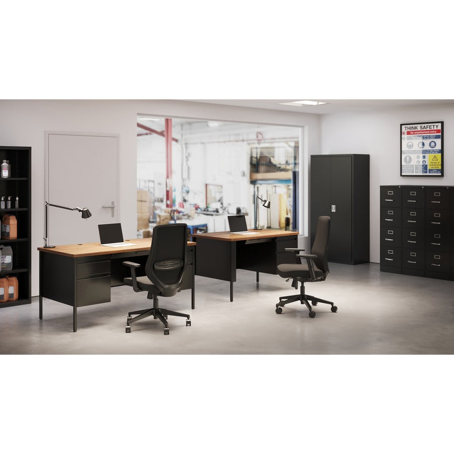 Lorell Fortress Series Double-Pedestal Desk, Rectangle, 60"W x 30"D x 29.5"H, Black Walnut, Steel, 1 Each