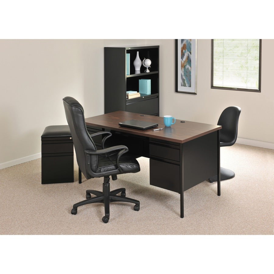 Lorell Fortress Series Double-Pedestal Desk, Rectangle, 60"W x 30"D x 29.5"H, Black Walnut, Steel, 1 Each