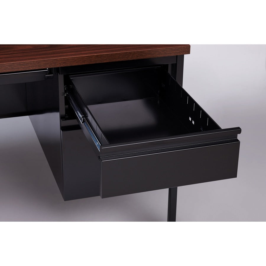 Lorell Fortress Series Double-Pedestal Desk, Rectangle, 60"W x 30"D x 29.5"H, Black Walnut, Steel, 1 Each