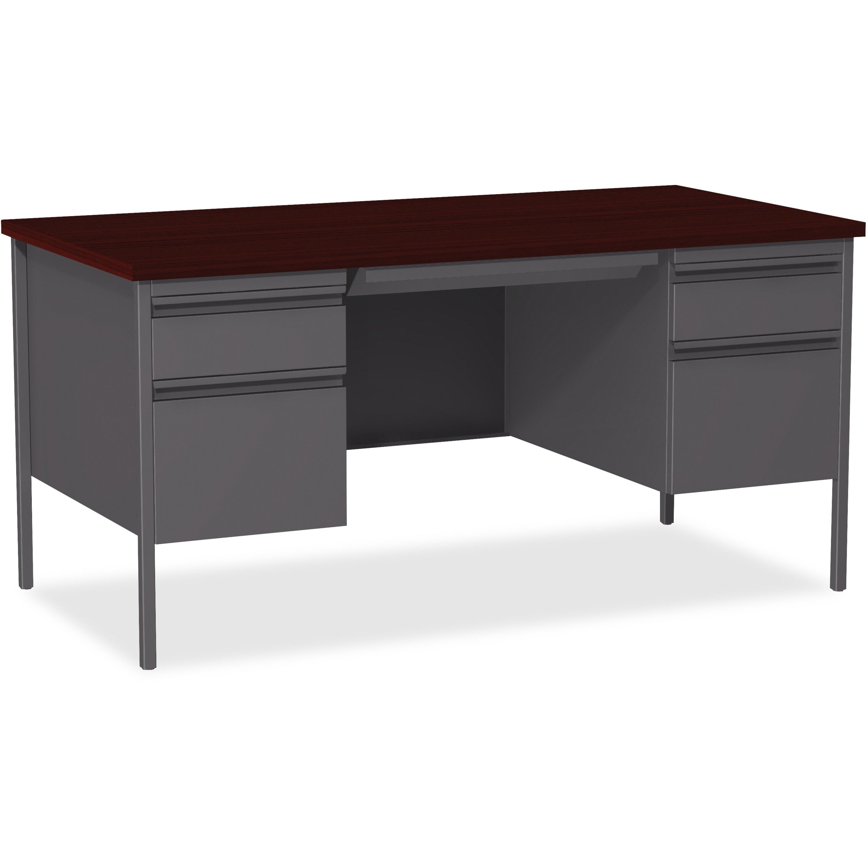 Lorell Fortress Series Double-Pedestal Desk, 60" x 30" Rectangle, Mahogany Laminate, Steel, 2 Pedestals, 1 Each