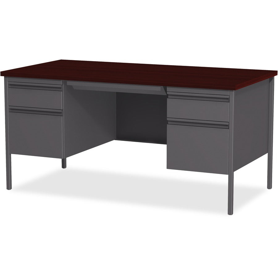 Lorell Fortress Series Double-Pedestal Desk, 60" x 30" Rectangle, Mahogany Laminate, Steel, 2 Pedestals, 1 Each