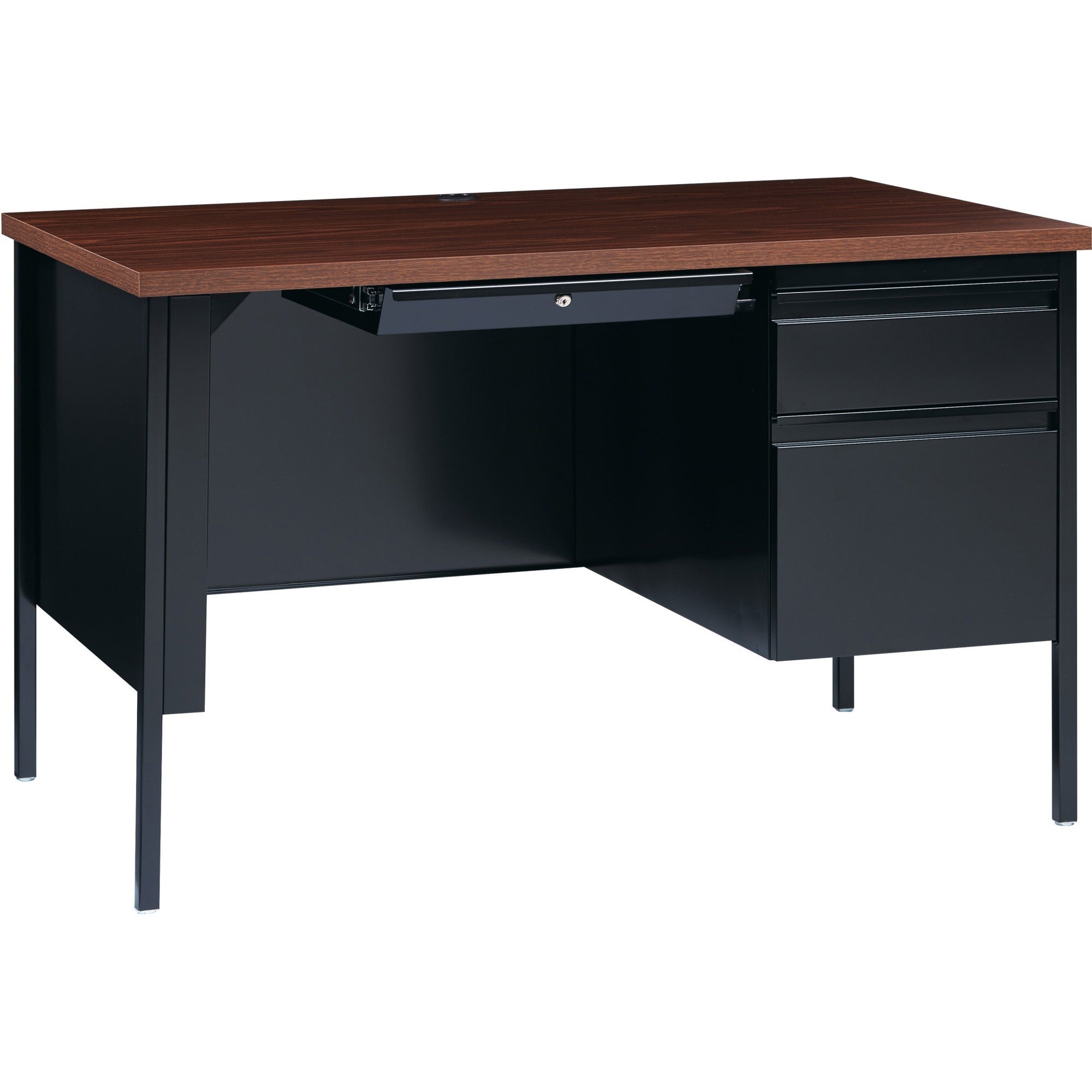 Lorell Fortress Series 48" Right Single-Pedestal Desk, Laminated Walnut Top, Black Walnut Steel, 30" x 48" x 29.5", 1 Each