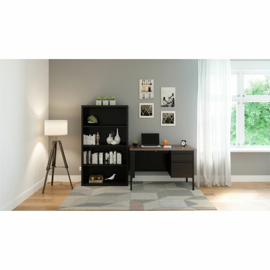 Lorell Fortress Series 48" Right Single-Pedestal Desk, Laminated Walnut Top, Black Walnut Steel, 30" x 48" x 29.5", 1 Each